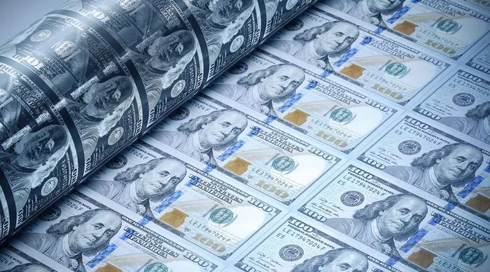 Money printing press creating currency